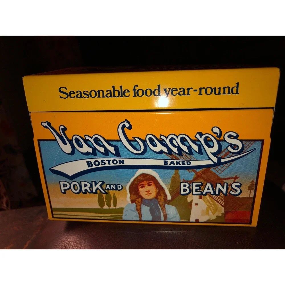 Vintage 1986 Van Camps Pork and Beans Recipe Box Tin‎ w Hinged Lid Yellow